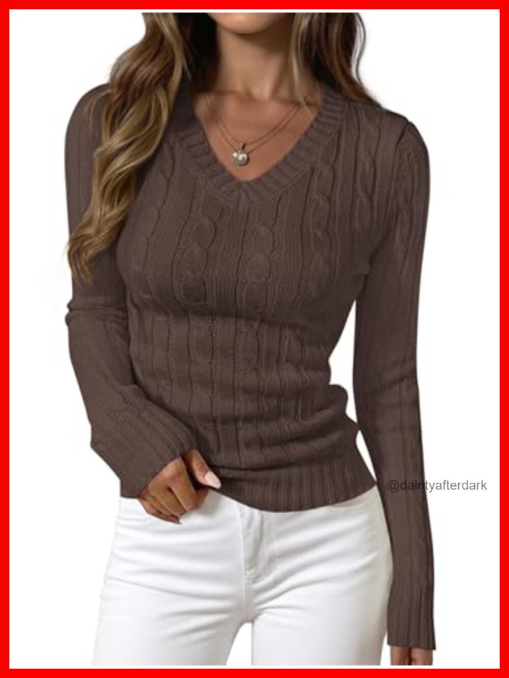Women V Neck Cable Knit Sweater Fitted Long Sleeve Pullover Fall Winter